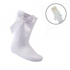 S141-W-06: White Knee Length Socks w/Bow (0-6 Months)